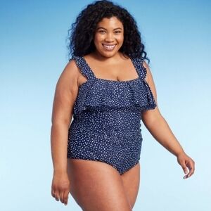 #M35 Kona Sol Navy Blue Polka Dot Ruffle One Piece Swimsuit